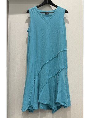 Vintage 90s 100% Cotton Blue Asymmetrical Boho Handkerchief Hem Sleeveless Dress
